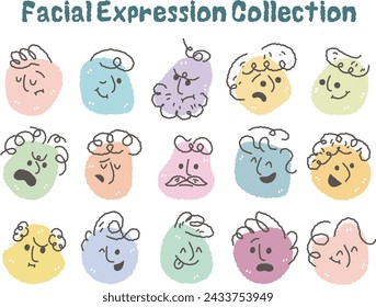 Abstract flat face with variety funny facial expression set. Cartoon doodle crayon style round character emotion. Comic colorful happy, calm, worry, angry, anxiety, smile face with line draw hair