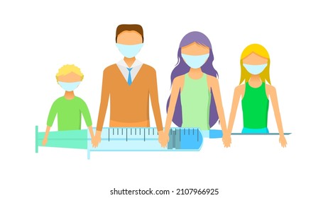 Abstract Flat Family Holding Hands With A Syringe Cartoon People Character. Concept Illustration Vector Design Style Coronavirus COVID-19 Mass Vaccination Healthcare Epidemic