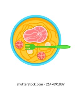Abstract Flat Fast Food Noodles In A Bowl With Meat Meal Background Vector Design Style Cooking, Breakfast