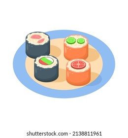 Abstract Flat Fast Food Sushi On Plate Meal Background Vector Design Style Cooking, Breakfast