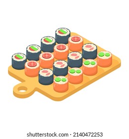 Abstract Flat Fast Food Sushi On A Cutting Board Meal Background Vector Design Style Cooking, Breakfast