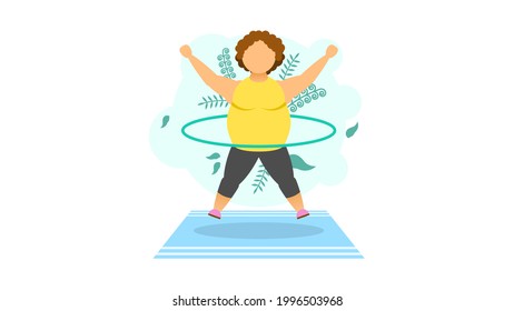 Abstract Flat Fat WoMan With Hoop Cartoon People Character Concept Illustration Vector Design Style With Leaves Physical Exercises Sport Jump