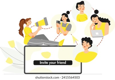 Abstract flat female character hold hand speaker inviting friends group illustration