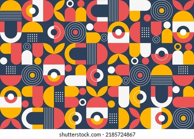 Abstract flat geometric background, colorful mosaic pattern design with the simple shape of circles, dots, and lines. Mural design. Neo geometric. Vector Illustration.