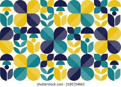 Abstract flat geometric background, mosaic pattern design with the simple shape of circles and lines. Mural design. Neo geometric. Vector Illustration.