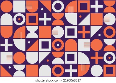 Abstrakter, flacher geometrischer Hintergrund, Mosaikmuster-Design mit der einfachen Form von Kreisen, Quadraten und Dreiecken. Wandbild. Neo geometrisch. Vektorgrafik.