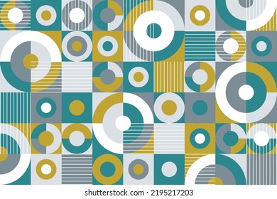 Abstract flat geometric background, mosaic pattern design with the simple shape of circles, square, and line art. Mural wallpaper. Neo geometric. Vector Illustration.