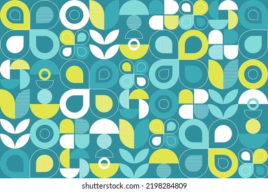 Abstract flat geometric background, mosaic green pattern design with the simple shape of circles and lines. Mural wallpaper. Neo geometric. Vector Illustration. 