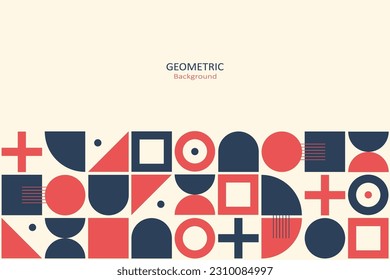 Abstract flat geometric background, mosaic design with the simple shape of circles, squares, and triangles. Copy space for text. Neo geometric. Vector Illustration.