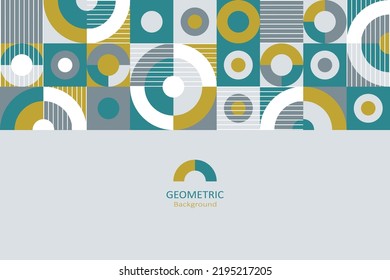 Abstract flat geometric background, template design with the simple shape of circles, squares, and line art. Landing page design. Vector Illustration.