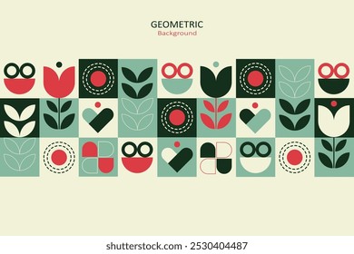 Projeto geométrico plano abstrato com uma mistura de círculos, flores, corações e folhas nas cores verde, vermelho e bege. O design minimalista com linhas limpas evoca uma estética moderna escandinava.
