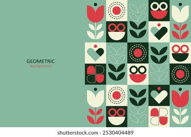 Abstract flat geometric design with a mix of circles, flowers, hearts, and leaves in green, red, and beige colors. Minimalist design with clean lines evokes a modern, Scandinavian aesthetic.
