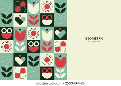 Abstract flat geometric design with a mix of circles, flowers, hearts, and leaves in green, red, and beige colors. Minimalist design with clean lines evokes a modern, Scandinavian aesthetic.