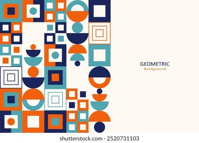 Abstrato geométrico plano com uma mistura de quadrados, círculos e semicírculos em azul claro, laranja, azul escuro e bege. Design abstrato alinhado em uma composição equilibrada.
