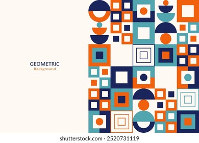 Abstrato geométrico plano com uma mistura de quadrados, círculos e semicírculos em azul claro, laranja, azul escuro e bege. Design abstrato alinhado em uma composição equilibrada.