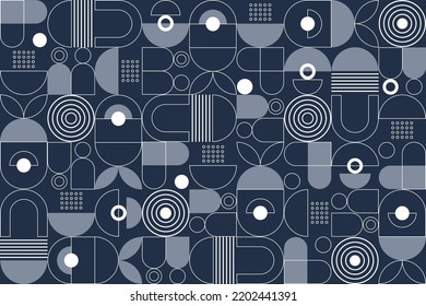 Abstract flat geometric on a dark background, mosaic pattern design with the simple shape of circles, dots, and line art. Mural wallpaper. Neo geometric. Vector Illustration.