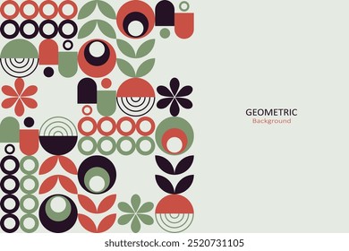 Padrão geométrico plano abstrato com uma mistura de círculos, semicírculos, linhas e pontos em marrom, laranja, verde e bege. O design alinhado em uma composição equilibrada, criando uma sensação moderna, retro.