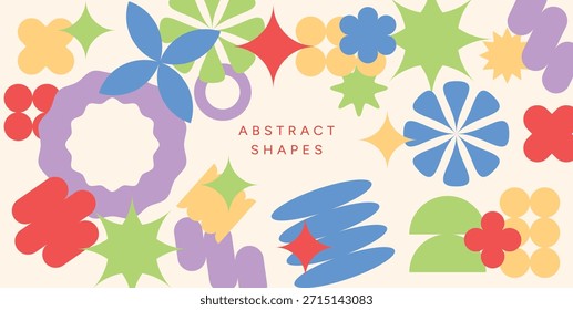 Abstract Flat Geometric Shapes with Flowers, Stars, Rings, Petals and Rounded Elements. Playful Modern Composition for Poster, Background or Digital Art projects. Vector Illustration.