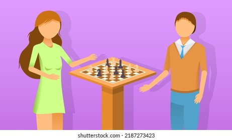 Abstract Flat Girl And Man Playing Chess, Tournament Cartoon People Character Concept Illustration Vector Design Style
