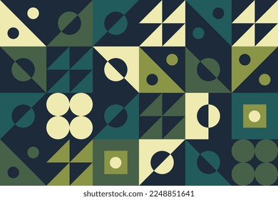 Abstract flat green mosaic of geometric shapes seamless pattern. Minimalist retro background design