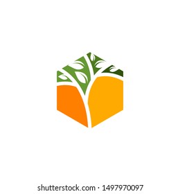 abstract flat hexagon tree with leaf logo. green leaf eco logo template - vector