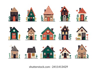 Abstract flat houses. Cute city neighborhood houses with roofs and windows, minimal residential real estate with floral elements. Vector isolated set