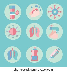 abstraktes flaches Symbol auf dem Thema coronovirus. Inbegriffen sind Symbole wie Händewaschen, Kälte, Forschung, Handwäsche, Handwäsche, regelmäßige Händewaschen, Zellen, Lungen, Bluttests und mehr.