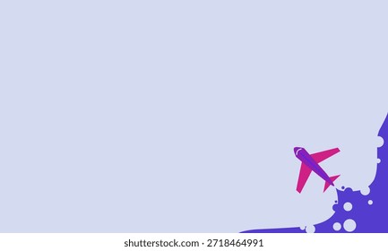 Ilustración plana Abstractas de un avión y Formas de nubes en tonos púrpura y azul con espacio vacío en el área inferior derecha para texto o diseño