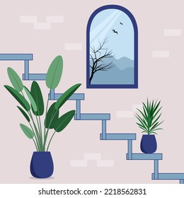 Abstract flat illustration. Inside the house, view from the window, stairs, tropical plant. Vector 