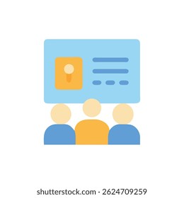 Abstract flat illustration of a presentation event with audience and light colors. Minimalist design, featuring simple figures attending presentation.