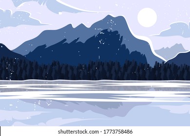 Abstract Flat landscape background of snowy mountains and lake with reflections of mountains and clouds on the water