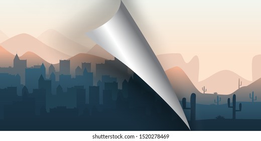 Abstract flat landscape. Creative idea. Turn the page from city to desert. Minimalistic wallpaper. Curved page with shadow. 3d style. Foggy town. Evening wilderness.