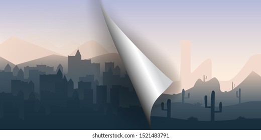 Abstract flat landscape. Creative idea. Turn the page from desert to city. Minimalistic wallpaper. Curved page with shadow. 3d style. Foggy town. Evening wilderness.