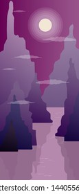 Abstract flat landscape with river and mountains on the background of moonlit night sky and clouds, vertical orientation