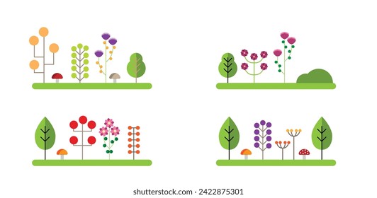 Resumen de paisajes planos con flores y árboles. Vector de concepto de naturaleza y plantas