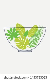 Abstract flat leaves and line plate. Trendy shapes print. Modern minimalist greenery poster. 