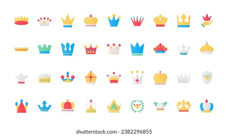 Abstrakte Luxus-Symbole der Autorität und des Königtums, einfache königliche Tiaras des Königs oder der Königin, Schachkrone, klassisches heraldisches Emblem auf dem Schild. Krone flache Symbole setzen Vektorgrafik.