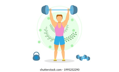 Resumen Hombre Plano Barbell Atleta Caricatura Gente Concepto De Personaje Ilustración Estilo De Diseño Vector Con Hojas Deportista De Constructor De Cuerpos O Levante De Poderosos 