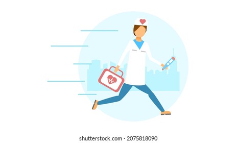 Resumen Médico De Hombre Plano Con Termómetro Y Kit De Primeros Auxilios Corriendo Al Estilo De Diseño Del Vector De Ilustración Del Caricatura De Rescate