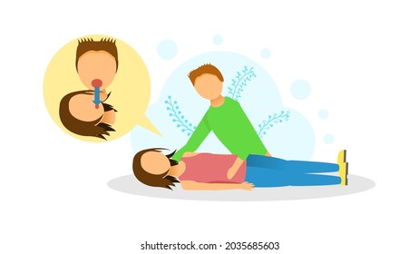 Abstrakter, flacher Mann, der einer weiblichen Cartoon-Person für Erste Hilfe künstliche Atem verleiht; Illustration Vektordesign Stil medizinische Hilfe