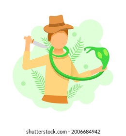 Abstract Flat Man In Hat Attacked By A Green Snake Protected With A Knife People Character Animal Concept Illustration Vector Design Style Creative