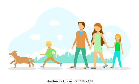 Abstract Flat Man Woman Child Dog Family Couple Cartoon People Character Concept Illustration Vector Design Style Outdoor Walking Down The Street Father And Mother, Son, Daughter City Town Clouds