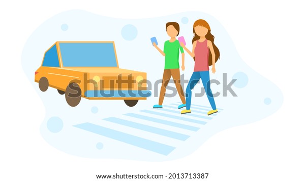 Abstract Flat Man And Woman Crossing The Road\
With A Smartphone In Hand Cartoon People Character Concept\
Illustration Vector Design Style Road Problem Accident At The\
Pedestrian Crossing Car\
Vehicle