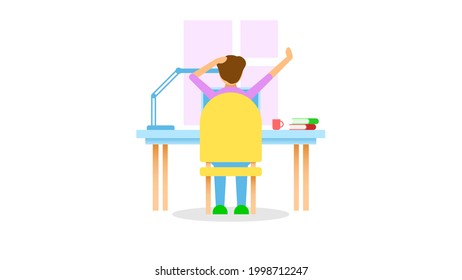 Abstract Flat Man Working From Home Freelance With Laptop NoteBook Computer Cartoon People Character Concept Illustration Vector Design Style With Lamp Book Cup Window
