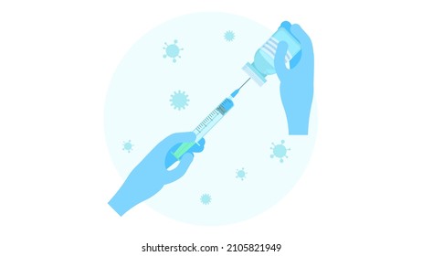 Abstract Flat Medic Gloved Hands With Syringe VIrus Cartoon Concept Illustration Vector Design Style Coronavirus COVID-19 Mass Vaccination Healthcare Epidemic