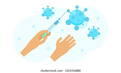 Abstract Flat Medic Hands Give An Injection To The Virus Cartoon Concept Illustration Vector Design Style Coronavirus COVID-19 Mass Vaccination Healthcare Epidemic
