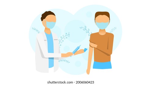 Abstract Flat Medic Man Vaccinates Patient And They Are Both Wearing Masks Cartoon People Character Concept Illustration Vector Design Style Coronavirus COVID-19 Mass Vaccination Healthcare Epidemic