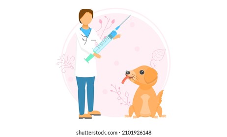 Abstract Flat Medic Man Vaccinates Pet Dog Cartoon People Character Concept Illustration Vector Design Style Coronavirus COVID-19 Mass Vaccination Healthcare Epidemic