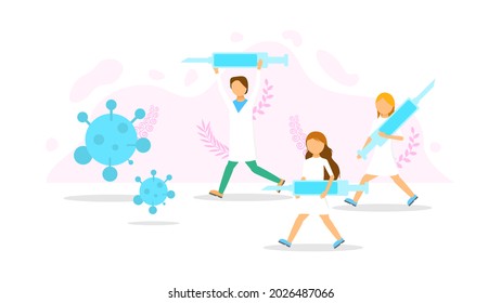Abstract Flat Medic Man And Woman Running With Syringes For The Virus Cartoon People Character Concept Illustration Vector Design Style Coronavirus COVID-19 Mass Vaccination Healthcare Epidemic