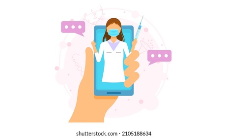 Abstract Flat Medic In Smartphone Vaccine With Syringe Cartoon People Character Concept Illustration Vector Design Style Coronavirus COVID-19 Mass Vaccination Healthcare Epidemic